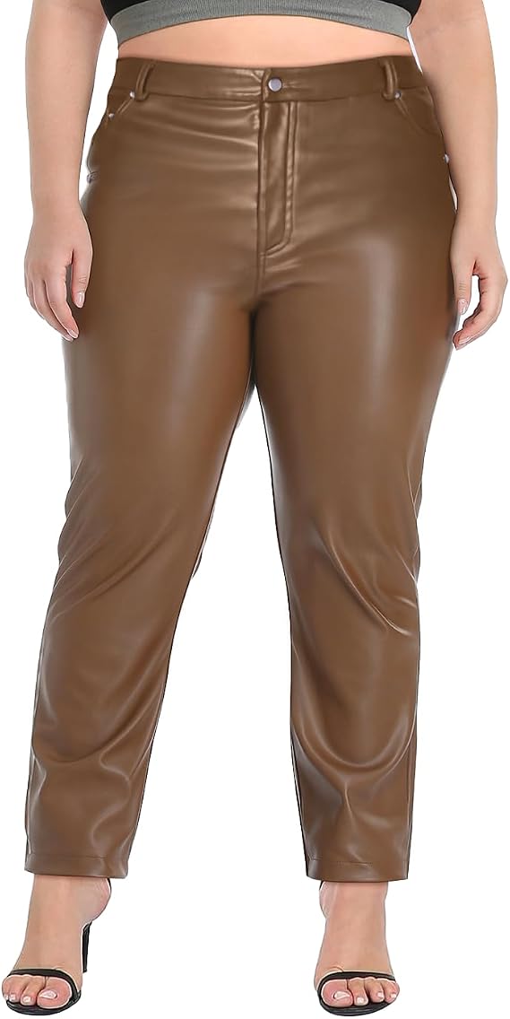 HDE Women's Plus Size Faux Leather Pants High Waisted Straight Leg Pant