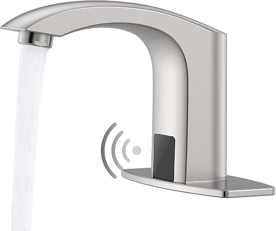 Brushed Nickel Touchless Bathroom Faucets, Sensor Faucet, Brass | Automatic Sink Faucet, Motion Smart Commercial Hands Free, Battery or Plug-in Powered, Control Box and Temperature Mixer