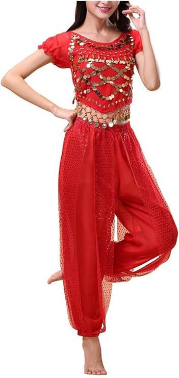 Women's 2-Piece Belly Dance Costume Set - Red Professional Performance Outfit with Sequin Top & Flared Lantern Pants
