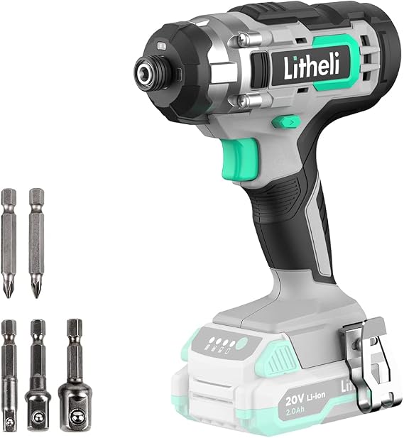 Litheli 20V Cordless Impact Driver, 1/4 Hex Impact Driver 1150 In-Lbs Torque 3 Socket Adapter, 2 Driver Bits Bare Tool