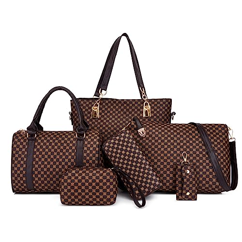 Plaid Leather Satchel Handbags for Women Top Handle Tote Purse Ladies Fashion Shoulder Crossbody Bag 6PCS Set