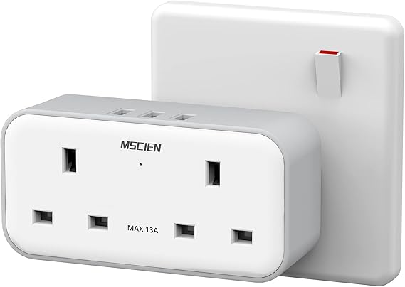 Plug Adapter with 3 USB, Mscien Double Plug Adaptor, Multi Plug Extension, Dual 2 Pin Socket at The Bottom, 13A UK Surge Protected Multiplug Extender, Wall Charger Power Socket for Home Kitchen Office