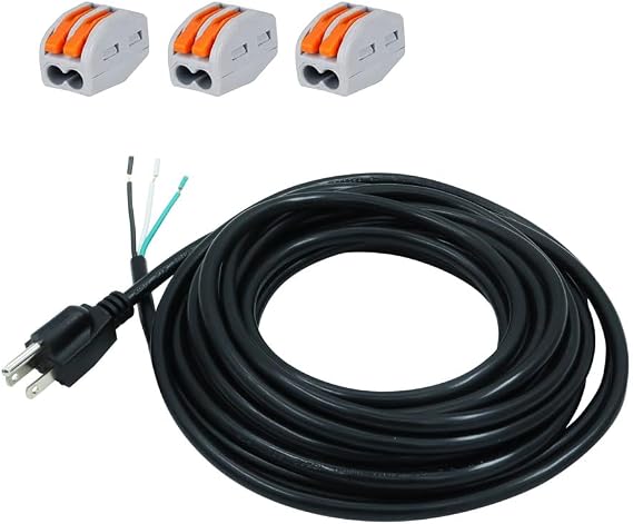 25FT Replacement Power Cord 3 Prong Plug Pigtail 3 Wire Heavy Duty SJT 5-15P Grounded Electrical Power Cord Extension Open End Black Wire 120V Stripped Off Wiring Open Wire Repair