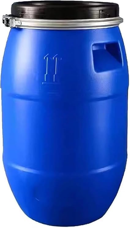 Large Plastic Blue Open Top Storage Barrel Drum Keg with Lid and Latch Ring, Food Grade for Shipping, Air Tight Industrial Storage Container