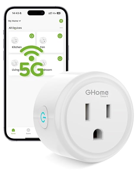 GHome Smart 5G 15A WiFi Smart Plug Compatible with Alexa and Google Home, Outlet Timer Smart Home WiFi Outlet Timer with Remote Control, 5GHz and 2.4GHz Wi-Fi Sockets, ETL FCC Listed, White, 1 Pack