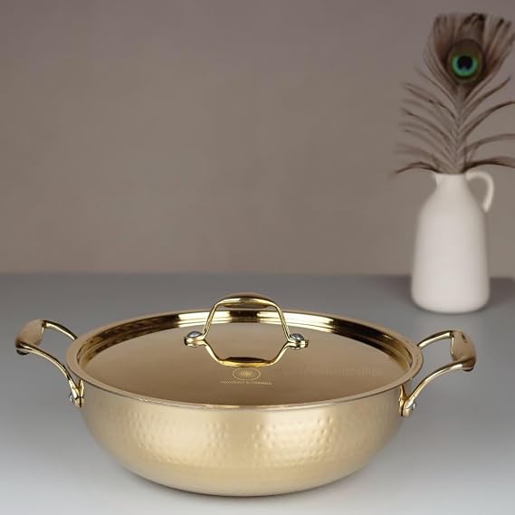 SWADESHI BLESSINGS Exclusive Range Brass Kadai/Wok Pan for Cooking with Lid/Teflon-Free/Naturally Non-Stick Brass Utensils with Tin Coating (2 Litres)