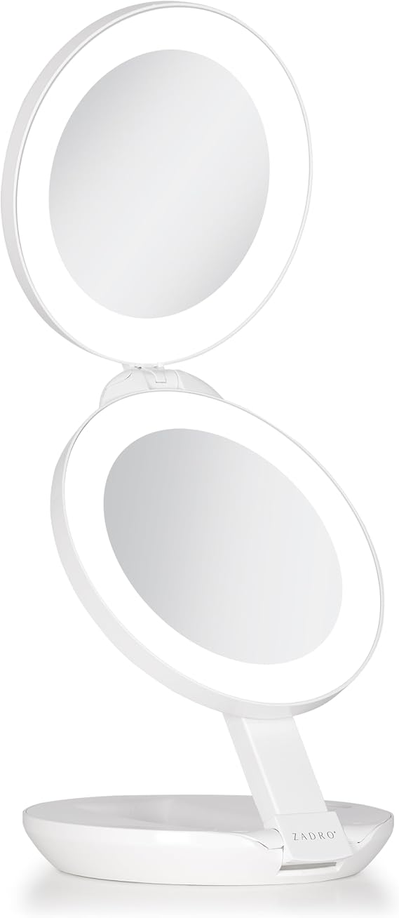 Zadro 4.5" Round LED Compact Mirror 10X/1X Travel Mirror with Lights and Magnification 3 AAA Batteries LED Makeup Mirror (White)