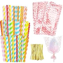 Coitak 100 PCS Cotton Candy Sticks, 100 PCS Cotton Candy Bags with Ties, 13.77 Inch Cotton Candy Sticks Random Colorful Cotton Candy Supplies Paper Straws for Candy Making