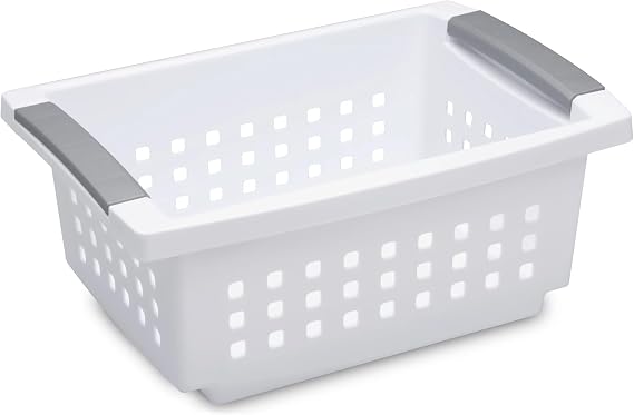 (2 pack) Small Stacking Basket, Open Plastic Bin, Space Saving Organizers, White