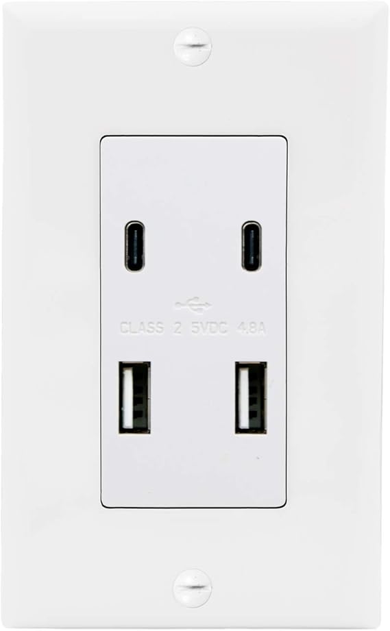 Maxxima USB Receptacle Outlet - 4.8A USB CA High Speed 4 USB Wall Charging Ports, Vertical Multi-Plug Socket, Electrical AC Replacement, Outlet Wall Plate Included - White