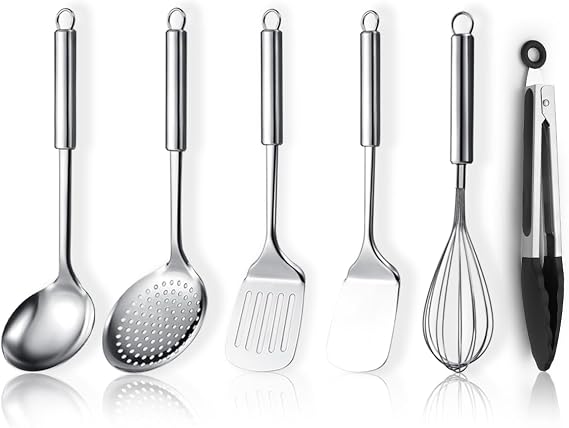 Stainless Steel Cooking Utensils Set 6 Pieces, Kitchen Tools Set Include Metal Spatula Set, Skimmer, Ladle, Tong, Whisk, Kitchen Gadgets Essentials