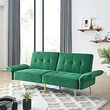 78" Velvet Futon Sofa Bed,Modern Upholstered Convertible Folding Futon Sofa Bed,Convertible Sleeper Loveseat Couch with Folded Armrests and Storage Bags for Apartment and Small Space (Green)