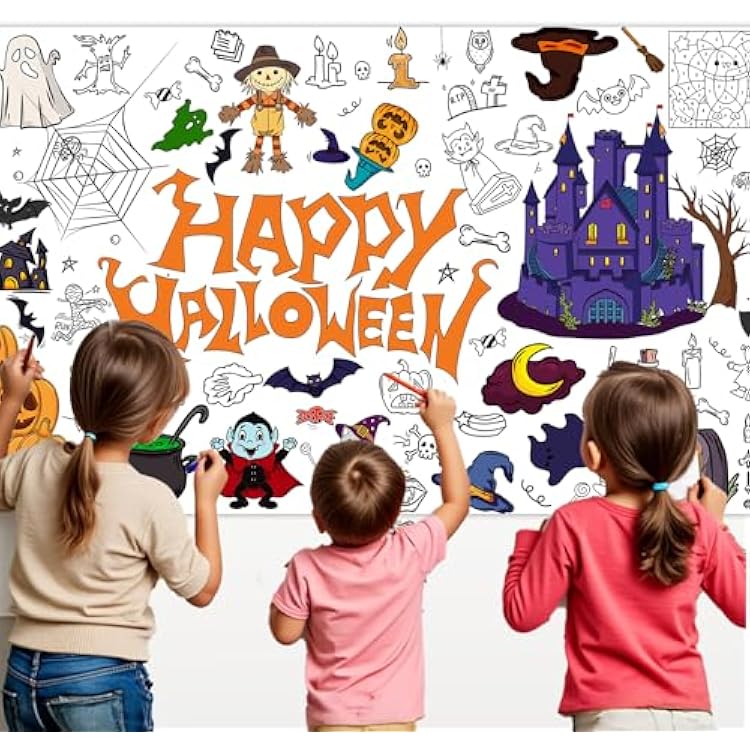Halloween Coloring Tablecloth for Kids, 31 x 72in Large Rectangular Paper Coloring Poster, Pumpkin Ghost Witches Table Cover, Halloween Party Activities Decoration Supplies
