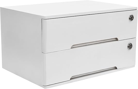 Wooden Desktop Storage Box with Lockable Drawers, Double Drawer Desktop Storage Organizer, White, 15.75 * 11 * 8.66in