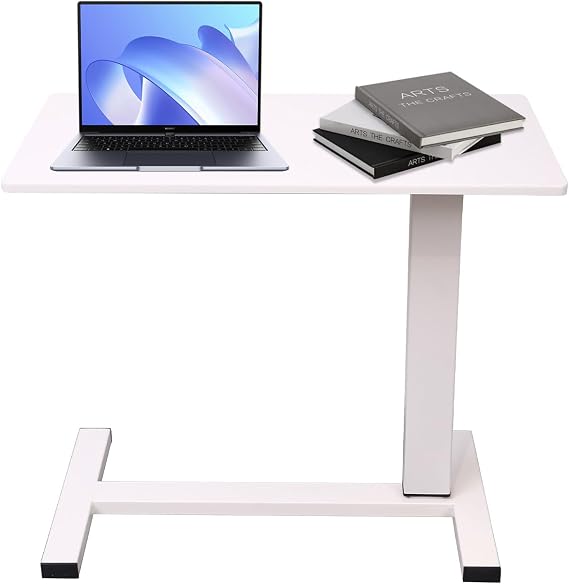 Adjustable Overbed Bedside Table with Swivel Hidden Wheels, Pneumatic Sliding Desk Mobile Desk Workstation for Home and Hospital (White)