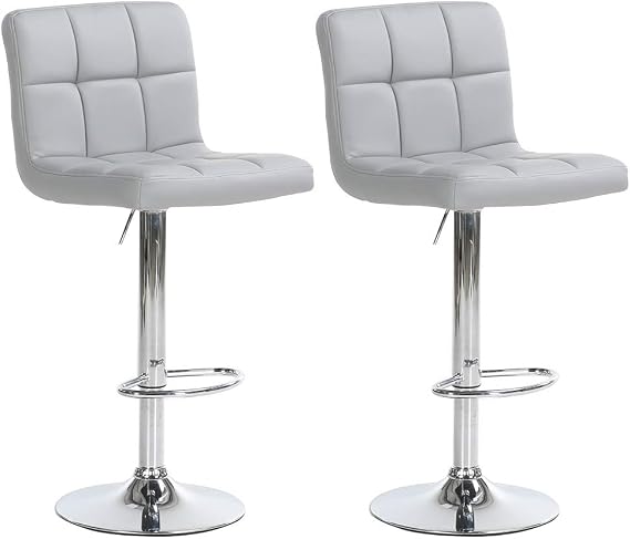 Adjustable Bar Stools, Modern Square PU Leather Adjustable Hydraulic Barstools with Back, Kitchen Counter Height Swivel Stool, Set of 2 (Grey, 1)