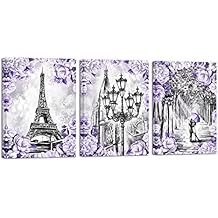 Apicoture Eiffel Tower Wall Art Purple Paris Wall Decor Romantic Paris Couple Love Theme Pictures Decor for Living Room Bathroom 12"x16"x3 Panels