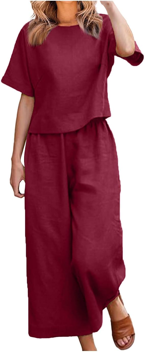 Women's 2 Piece Outfits Linen Lounge Set Short Sleeve Crop Top and Wide Leg Pants Matching Set Tracksuits Loungewear