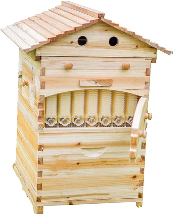 LANGLANG Automatic Wooden bee hive House kit with 7 PCS Upgraded Auto Frame Comb-Beehive Box Honey Free harvesting.