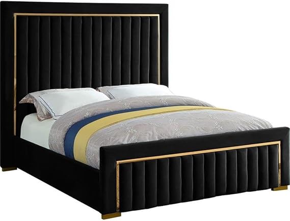 Meridian Furniture Dolce Collection Modern | Contemporary Velvet Upholstered Bed with Luxurious Channel Tufting and Gold Metal Trim/Legs, Queen, Black
