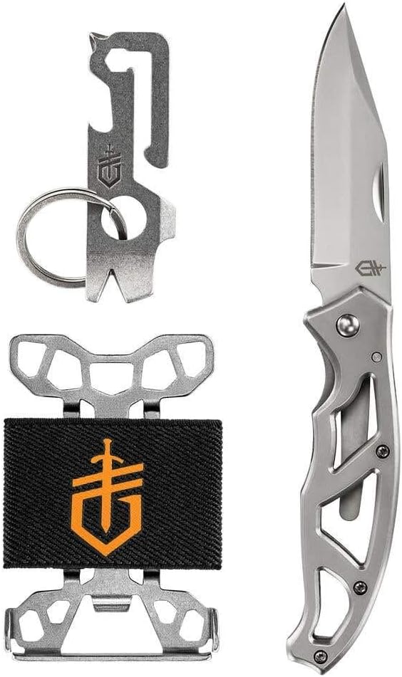 GERBER Para Frame Combo: 4.13" Closed, 3" Stainless Steel Blade, Black Stainless Steel Handle, Bora Keychain Tool & Barbell Wallet