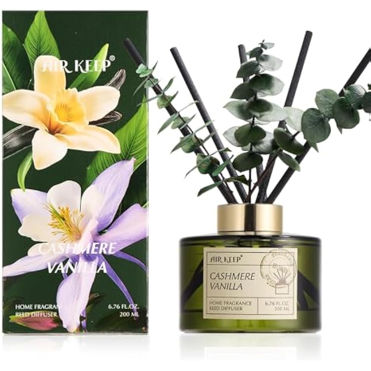 Airkeep Reed Diffuser Set with 6.76 fl oz Cashmere Vanilla Scent Essential Oils and 3 Leaves & 8 Diffuser Sticks,Bathroom Shelf Decor & Air Freshener, House Bedroom Office Decor & Gifts