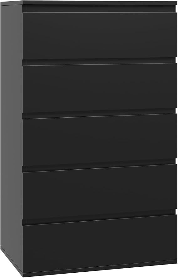 FOREHILL Black Chest of Drawers Bedroom Tall Storage Cabinet with 5 Drawers | Chester Drawers for Bedroom Funiture, Dresser, Painted Surface, Wooden Cupboard for Living Room Hallway 55 x 33 x 100cm