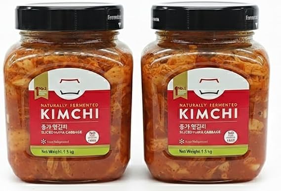Naturally Fermented Korean Kimchi PACK OF 2-1.5kg Each Jar, Authentic Spicy Napa Cabbage Kimchi, Probiotic Rich Traditional Korean Side Dish | No Preservatives | Ready to Eat Gourmet Fermented Food