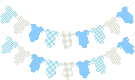 ALISSAR 2 Pcs Pre-Strung Blue Gingham Bodysuit Baby Shower Banner - Baby Boy Shower Decorations-