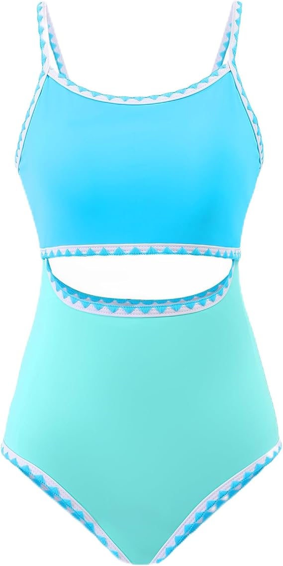 YOURUIKEY Girls Swimsuit - One Piece Bathing Suit with Adjustable Spaghetti Strap and Cut Out Swimwear Padded for Teen 7-14Y