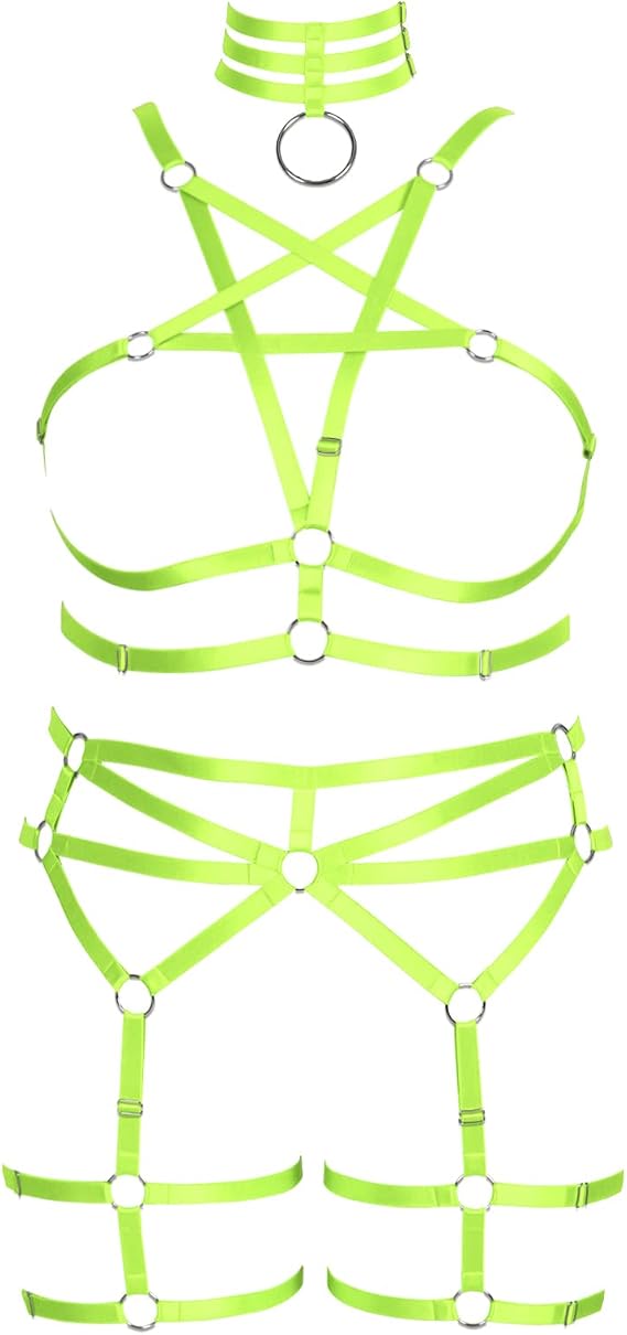 Pentagram Plus Size Women's Body Harness Punk Full Cage Bra Set Hollow Out Adjustable Gothic Dance Festival Rave (Fluorescent Green)