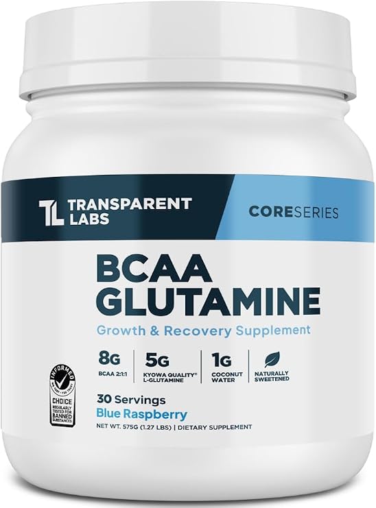 Transparent Labs BCAA Glutamine - 8000 Mg of BCAA Powder with L Glutamine for Post Workout Recovery, Muscle Growth, Increased Endurance - 30 Servings, Blue Raspberry