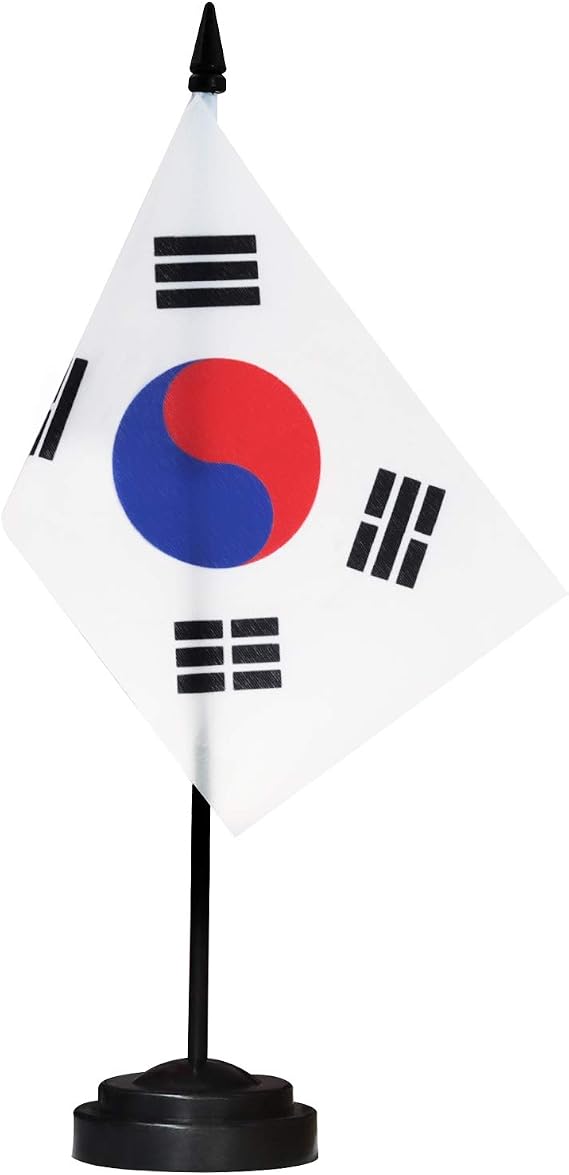 Anley Korea Deluxe Desk Flag Set - 6 x 4 Inch Miniature Korean Desktop Flag with 12" Solid Pole - Vivid Color and Fade Resistant - Black Base and Spear Top