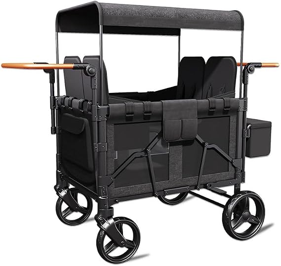 Foldable Double Push Bar Stroller Wagon Featuring 4 High Seat for 4 Kids,Kids Wagon Stroller,5-Point Harness & Storage Organizer,for Outdoor Trips,for 0-6 Years Black