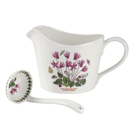 Portmeirion Botanic Garden Sauce Jug & Ladle, 1 Pint - Cyclamen, Set of 2 | Fine Porcelain Floral Serveware for Gravies, Sauces & Cream, Chip Resistant Glaze, Microwave, Oven, Freezer & Dishwasher Safe