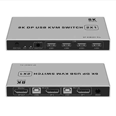 Dual Port Displayport KVM Switch 8K @ 60Hz USB Displayport KVM DP Switcher 4KX2K / 60Hz Displayport 2 in 1 Out KVM USB (8K)