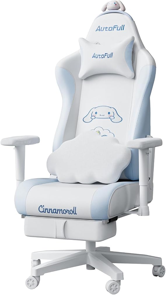 AutoFull オートフル Cinnamoroll Gaming Chair, Office Chair, Wide Seat, Cloud Lumbar Pillow, Detachable Cinnamoroll Hairband, Desk Chair, Ottoman Included, Chair, For Gaming, 145° Reclining, Lumbar