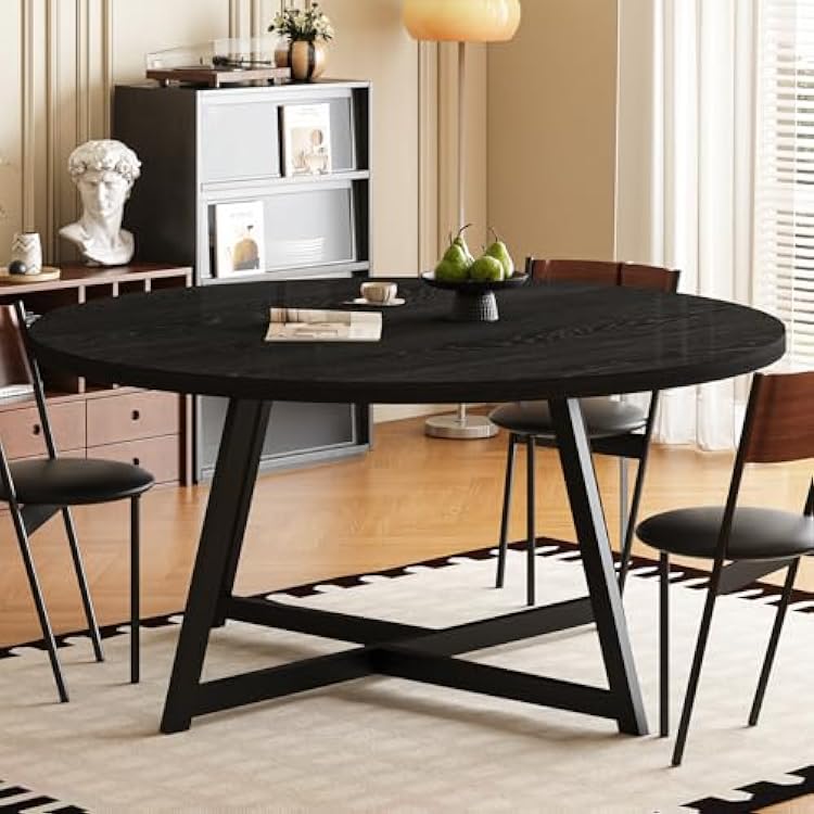 59 Round Dining Table for 6-8, Modern Kitchen Table with Steel Base, Dining Room Tables for Kitchen, Black
