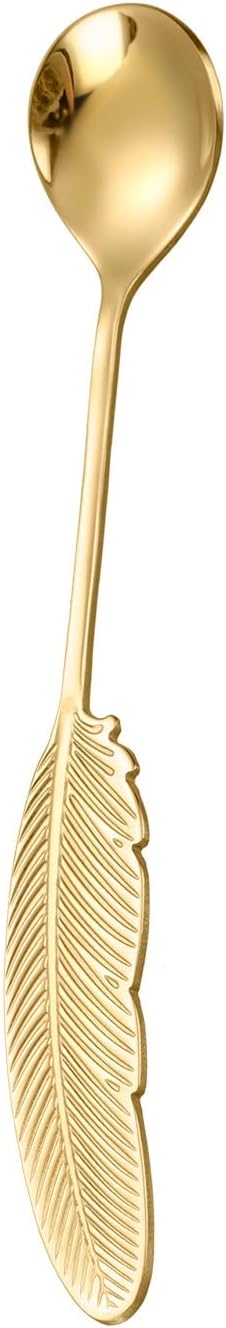 Silverware Flatware Cutlery Set, 1/4/6/8/10/12pcs 304 Stainless Steel Feather Series Coffee Spoon Creative Hotel Table Spoon Dessert Spoon(Gold,6 Pieces)