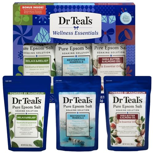 Dr Teals Holiday Edition Pure Epsom Salt Gift Set, 3 Pack with Eucalyptus Spearmint, Restorative Minerals, Shea Butter, 14 oz Each with Body Lotion Sample