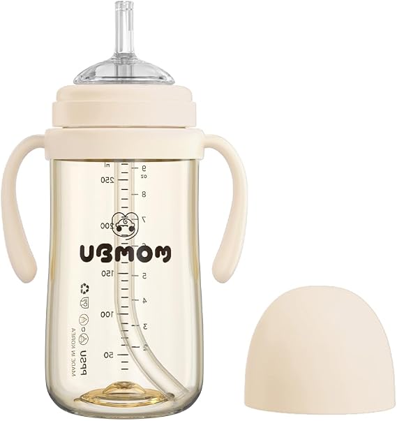 UBMOM No-spill, Backflow prevention Sippy Cup with Straw, PPSU Learner Cup with Handle for Baby and Toddlers, BPA free, 9.47oz(Beige)