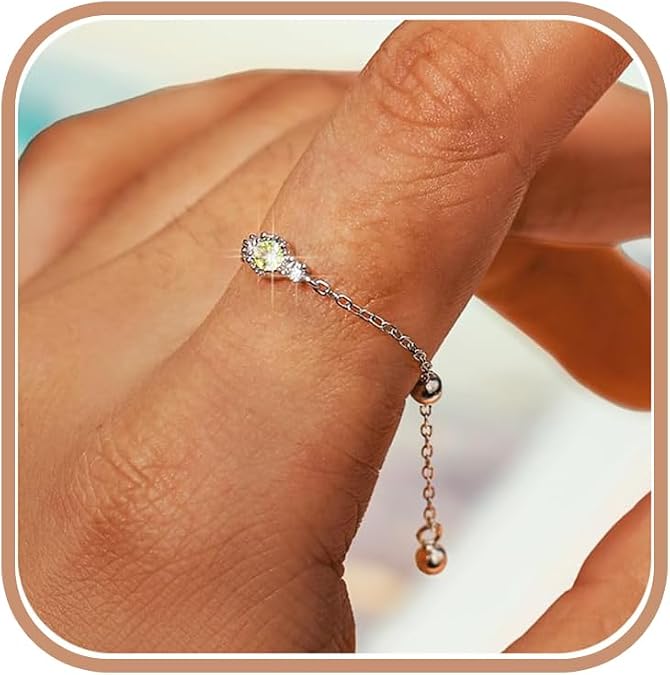 925 Sterling Silver Cubic Zirconia Link Chain Ring for Women | Adjustable Birthstone Stacking Tassel Dangling Statement Rings Dangle Beaded Ball Dainty Promise Chain Ring Jewelry Gifts