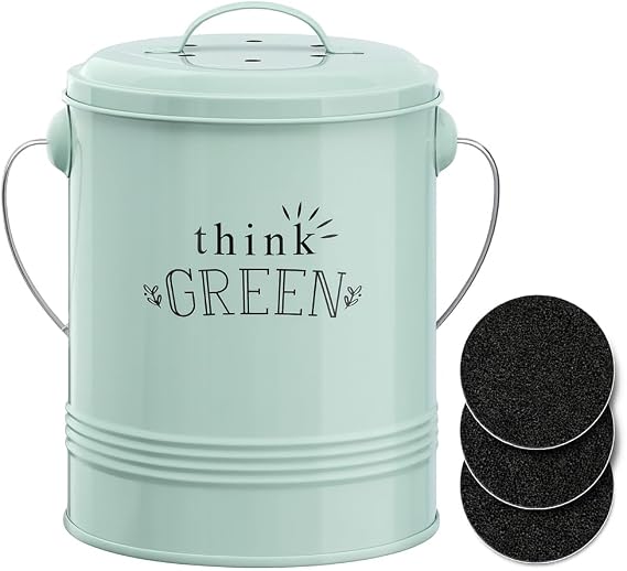 Barnyard Designs Decorative Compost Bin with Lid for Kitchen Countertop, Food Composter Container Can, Small Indoor Compost Trash Bucket, 1 Gallon (4.5L), Galvanized Steel, 18 x 24cm, Mint