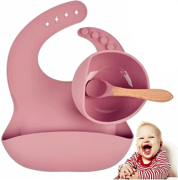 Xspring Silikon bebek beslenme seti, bebek kasesi, ayarlanabilir mama önlüğü, bebek kaşıkları içeren set, yürümeye başlayan çocuklar için silikon beslenme seti (pembe)