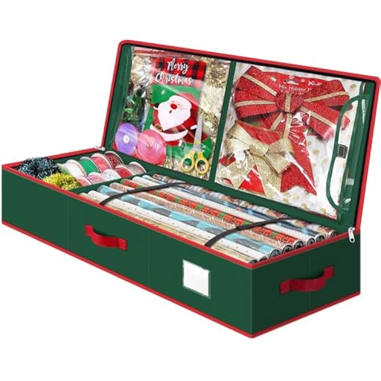 Christmas Wrapping Paper Storage Containers, 40 Inch Gift Wrap Organizer, Visible Supplies Pockets for Xmas Accessories, Underbed Storage for Christmas Decorations, Green