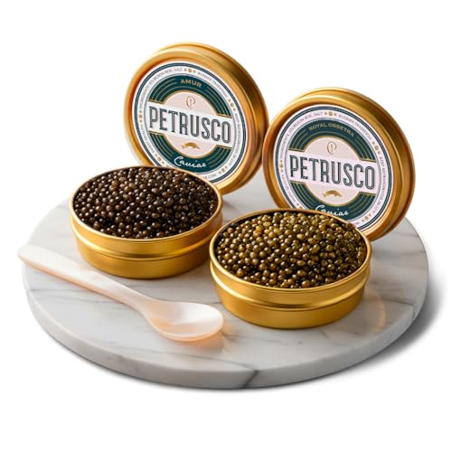 PETRUSCO Amur Black & Royal Ossetra Caviar Bundle Bold, Briny, Nutty & Earthy Flavors Japanese & Ossetra Sturgeon Caviar with Plump, Buttery Texture Gourmet Fish Eggs Fresh Seafood Fish Roe