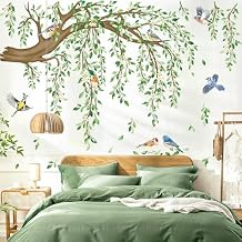 decalmile Large Hanging Vine Wall Stickers Tree Branch Green Leaf Flower Birds Wall Decals Living Room TV Background Bedroom Wall Decor