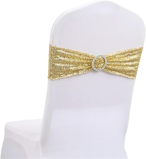 20pcs Stretchy Sequin Chair Sashes Sparkly Gold Sash Band for Banquet Wedding Party Home Outdoor Chair Cover Sash Decorations for Weddings, Parties(Gold)