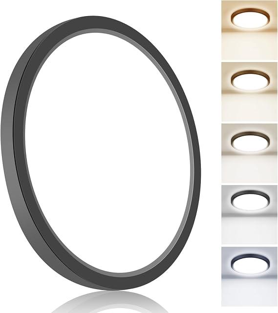 1PACK Flush Mount LED Ceiling Light Fixtures 5 Color Temperatures in One &100W Equivalent Flat Bathroom Ceiling Light,7Inch 15W Thin Round White Surface Flushmount Fixture for Closet,Bedroom,Black