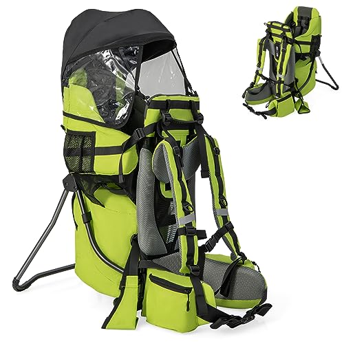 BABY JOY Baby Backpack Carrier for Hiking, Lightweight Toddler Carrier Backpack with Removable Sun Shade & Rain Cover, Folding Changing Pad, Ergonomic Child Carrier Backpack with Large Storage Green